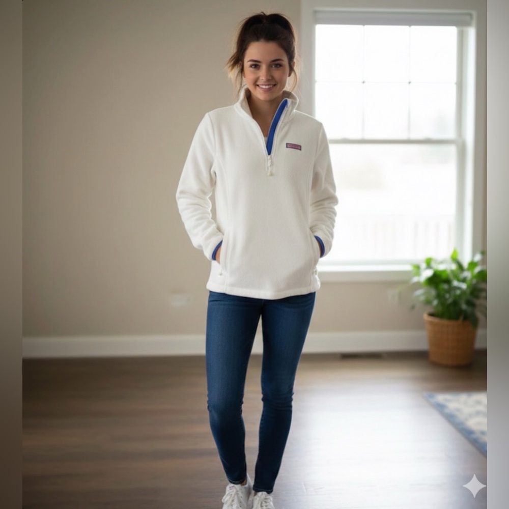 Vineyard Vines Women's Ivory Sherpa Fleece Half Zip Pullover Size Small Full Fit